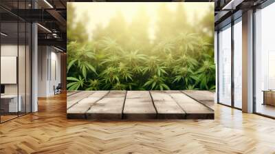 Empty rustic old wooden boards table copy space with cannabis plants in background. Product display template. Generative AI Wall mural