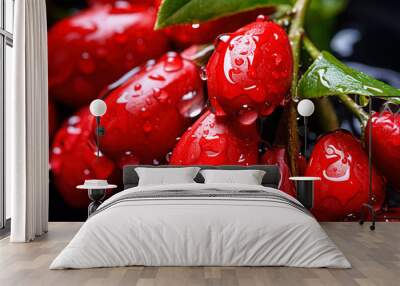 Fresh goji berry fruits, with water drops over it, closeup macro detail. Generative AI Wall mural