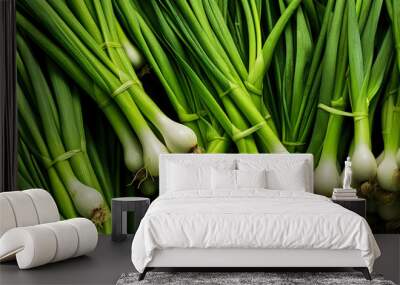 Fresh green spring onion vegetables, closeup macro detail from above. Generative AI Wall mural