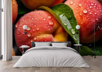 Fresh peach fruit, with water drops over it, closeup macro detail. Generative AI Wall mural