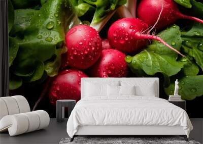 Fresh red radish vegetables, with water drops over it, closeup macro detail. Generative AI Wall mural