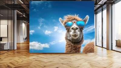 Funny camel with blue reflective lens sunglasses looking into camera, clear sunny sky background. Generative AI Wall mural