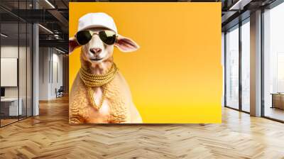 Funny sheep posing as hip hop or rap superstar - baseball cap, dark sunglasses, golden chain. Generative AI Wall mural