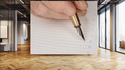 Gold coloured fountain ink pen in senior woman hand about to write something on empty daily planner page, closeup detail Wall mural