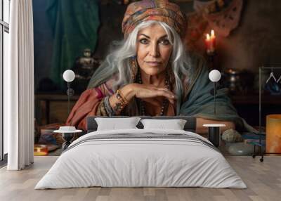 Gypsy woman fortune teller working with tarot cards, predicting future, looking directly into camera, esoteric mysticism decorations in background. Generative AI Wall mural