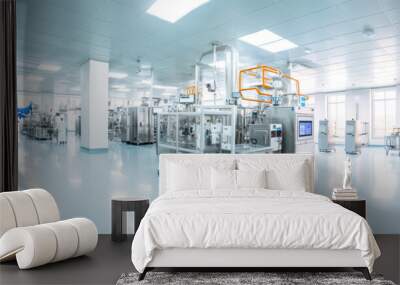 Large brightly lit hall with metal tanks and lab equipment - inside of biopharmaceutical medicine factory as imagined by Generative AI Wall mural