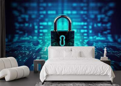 Padlock over glowing abstract electronic circuit background, vertical banner - cyber security concept. Generative AI Wall mural