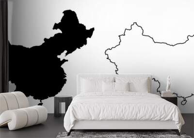 Simple (only sharp corners) map of China vector drawing. Filled and outline version Wall mural