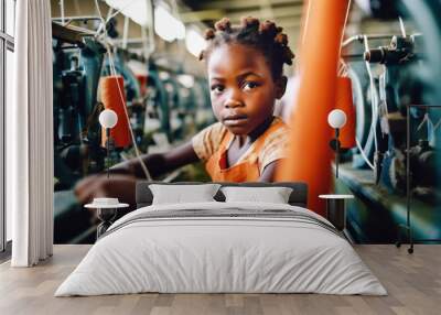 Small African black girl portrait with blurred textile factory background, Illegal child labour in sweatshop manufacturing concept, documentary style. Generative AI Wall mural