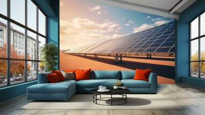 Solar photovoltaic panels installed in desert, hot sunny day, green renewable energy concept. Generative AI Wall mural