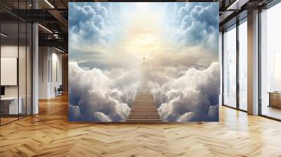 Stairway to heaven, stone staircase leading to orange yellow glow in distance, small person silhouette at end of stairs, clouds around. Generative AI Wall mural