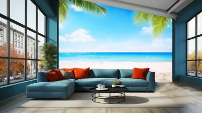 Tropical beach with fine sand, some palms near, calm sea with clear sky above. Empty copy space template for vacation or holiday product. Generative AI Wall mural