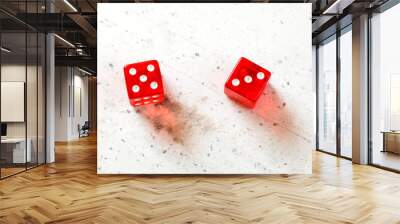 Two red craps dices showing Easy Eight (number 5 and 3) overhead shot on white board Wall mural