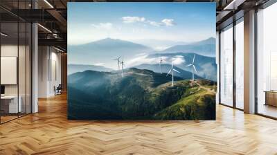 Wind turbines generating green power high in mountains. Generative AI Wall mural