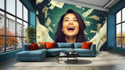 Winning a lottery concept. Smiling Asian woman, happy expression, mouth open of excitement - money banknotes flying in air around. Generative AI Wall mural