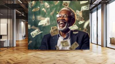 Winning a lottery concept. Smiling older African man, with happy expression, mouth open in excitement - money banknotes flying in air around. Generative AI Wall mural