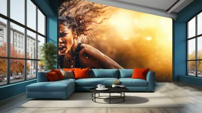 Woman with boxing gloves, action style photo - looks like she's charging attacking, screaming angry expression. Banner copy space at side. Generative AI Wall mural