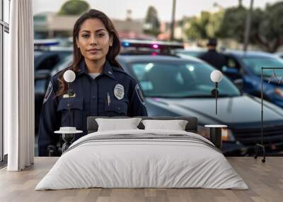 Woman working as police officer or cop, closeup portrait, blurred vehicle and city background. Generative AI Wall mural