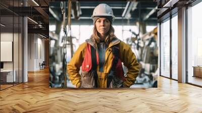 Woman working on heavy machinery in a factory. Gender equality at workplace concept. Generative AI  Wall mural