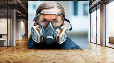 Young woman wearing full face respirator protective mask and goggles, extreme coronavirus protection concept Wall mural