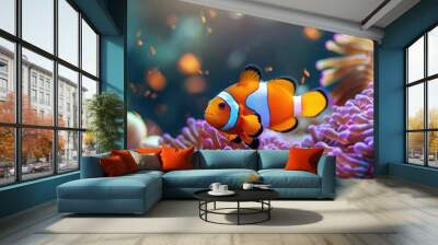 Amphiprion ocellaris clownfish and anemone in sea. Wall mural