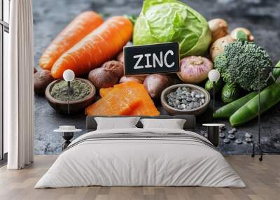 Assortment of healthy foods rich in zinc mineral on a dark background Wall mural