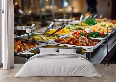 Catering buffet food on a long table in a hotel restaurant Wall mural