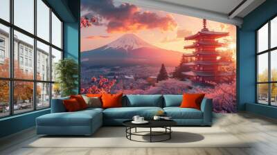 Cherry blossoms and pagoda with Mount Fuji backdrop Wall mural