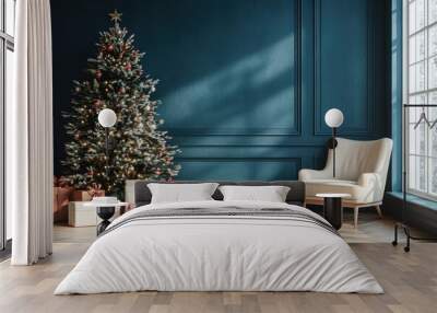 Christmas tree standing in blue living room with gifts and armchair Wall mural