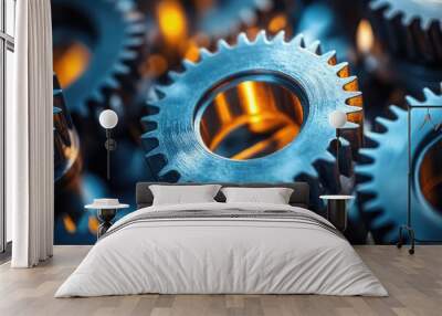 Close-up of high-quality metallic gears illuminated by warm lighting Wall mural