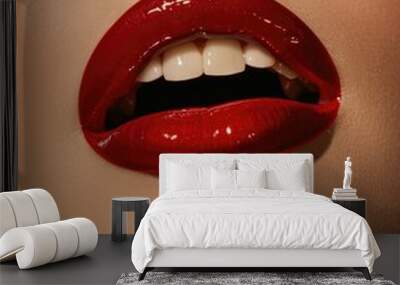 Close-up of woman's open mouth and lips with red lipstick Wall mural