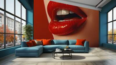 Close-up of woman's open mouth and lips with red lipstick Wall mural