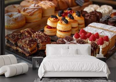 Delicious pastries and cakes decorated with fruits are displayed on wooden shelves in a bakery Wall mural