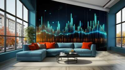 Digital display, options chart, stock market glowing on a dark background. Wall mural