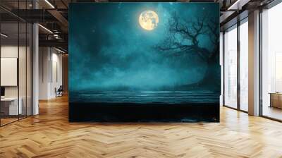 Empty wooden table illuminating by moonlight in dark scary forest Wall mural