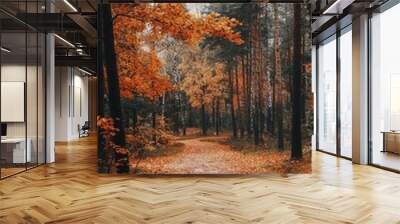 Forest path covered with fallen leaves leading through autumn trees Wall mural