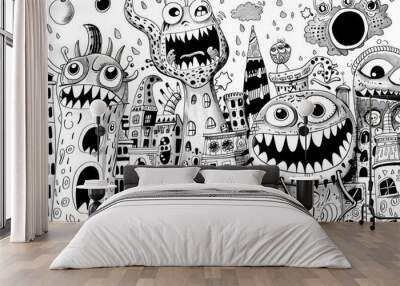 Funny monsters destroying city buildings drawing in black and white Wall mural