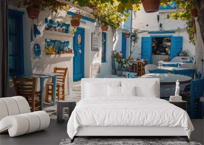 Greek culture with traditional white and blue greek architecture, taverna Wall mural