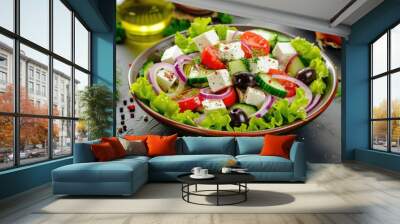 Greek salad with feta cheese and olive oil. Greek healthy food Wall mural