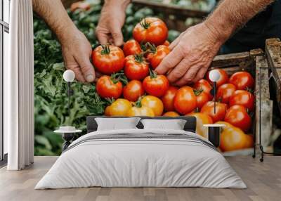 Greengrocer holding branch of fresh red tomatoes at market stall Wall mural