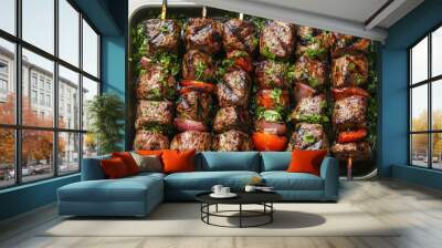 Grilled beef shish kebabs with onions and tomatoes on a baking sheet Wall mural