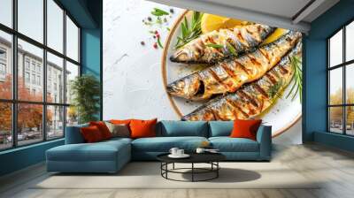 Grilled sardine fish served with with rosemary and lemon Wall mural