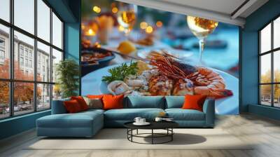 Grilled shrimps and squids served on white plate for dinner at the beach restaurant Wall mural