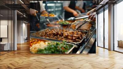 Group of people on catering buffet food indoor in restaurant with grilled meat. Wall mural