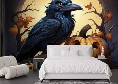 Halloween pumpkin and black raven. Generative AI Wall mural