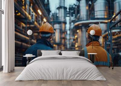 Industrial engineers wearing hard hats inspecting a pipeline system Wall mural