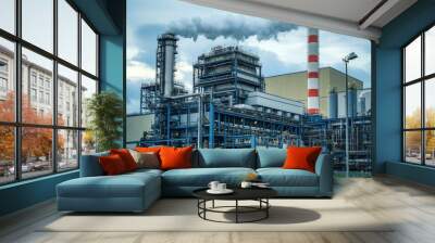 Industrial plant emitting smoke from chimney at sunset Wall mural