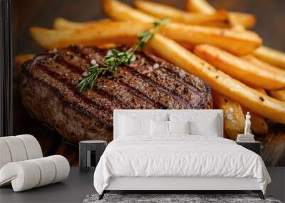 Juicy grilled steak lying on wooden cutting board with french fries Wall mural