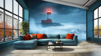 Lighthouse shining light through stormy ocean waves at dusk Wall mural