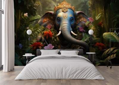 Lord Ganesha sitting in meditating yoga pose in jungle. Wall mural